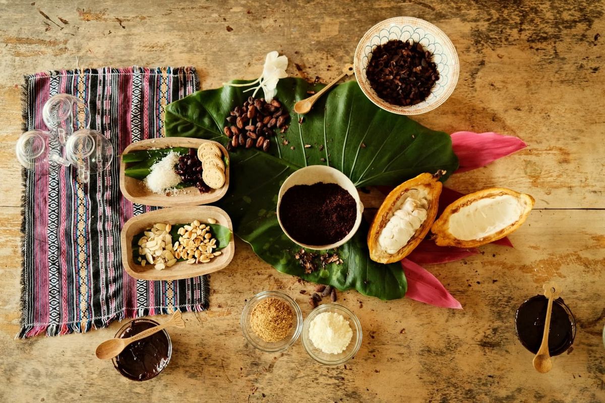Cacao pods, beans and ingredients laid out for an organic chocolate workshop